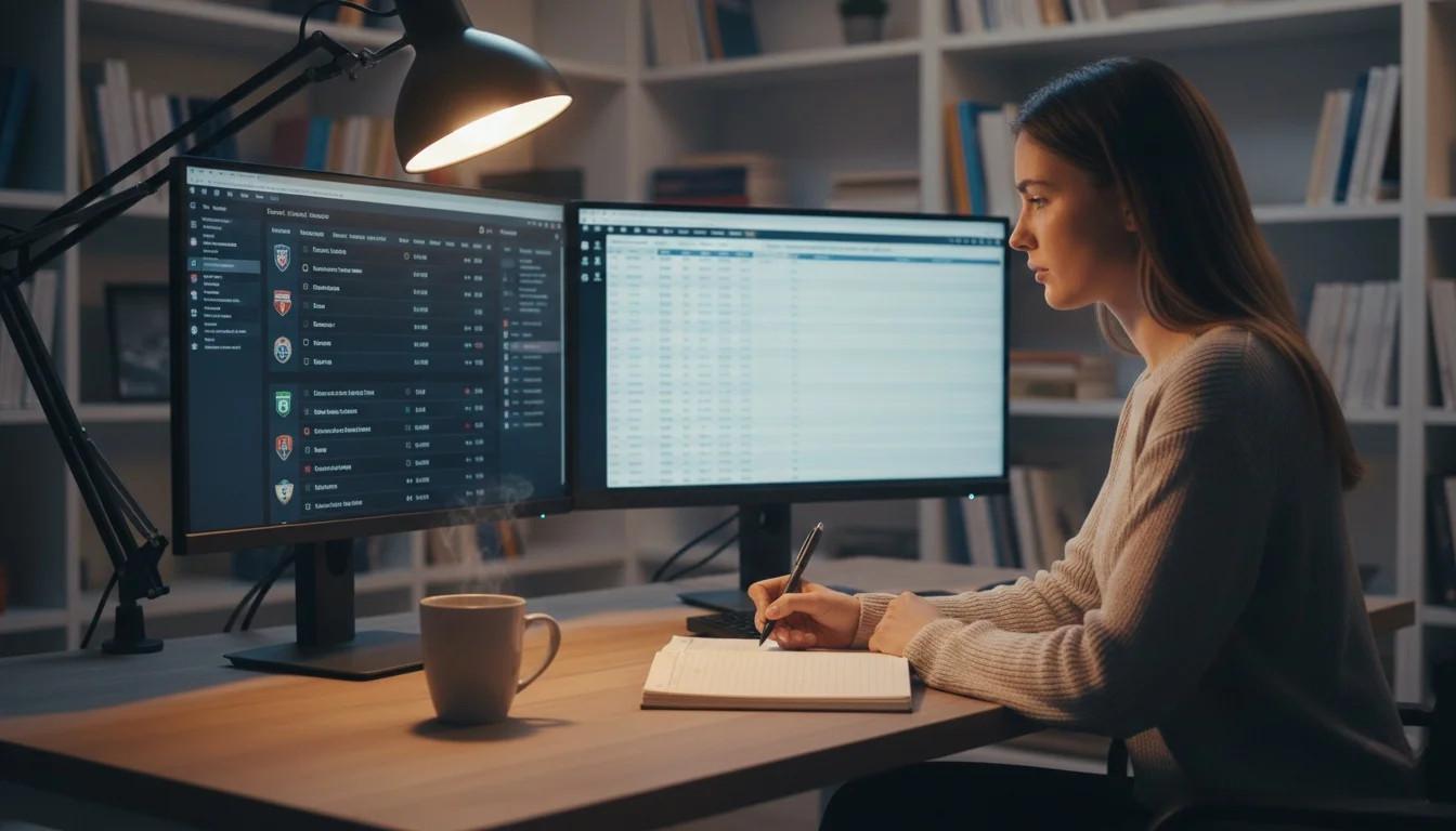 Profissional a analisar estatísticas desportivas e comparar odds em dois monitores num escritório moderno