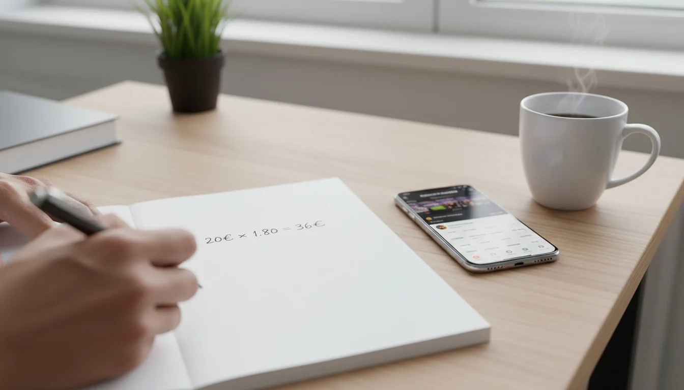 Mãos a fazer cálculos de apostas num caderno com telemóvel e café ao lado