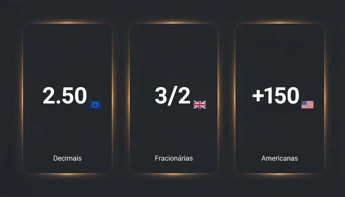 Infográfico comparativo dos três formatos de odds: decimais europeias, fracionárias britânicas e americanas